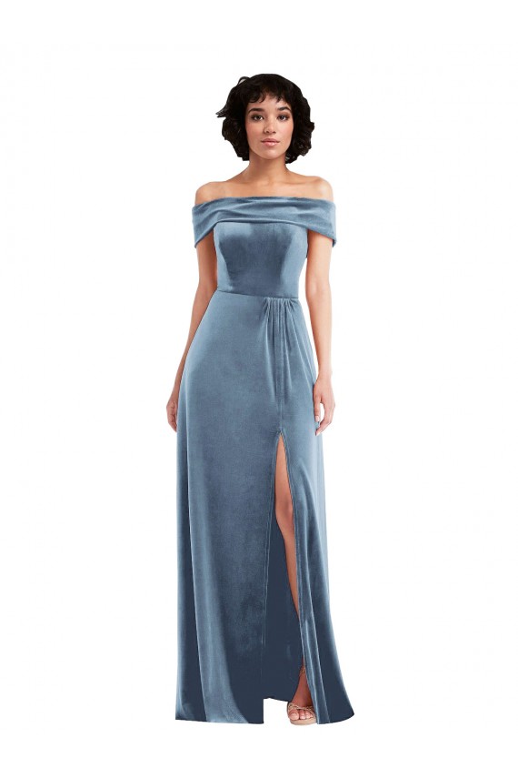 Achat Bleu poussiéreux Trapèze Épaule Dénudée Velours Stretch Longue Robes demoiselle d'honneur / Robes de bal