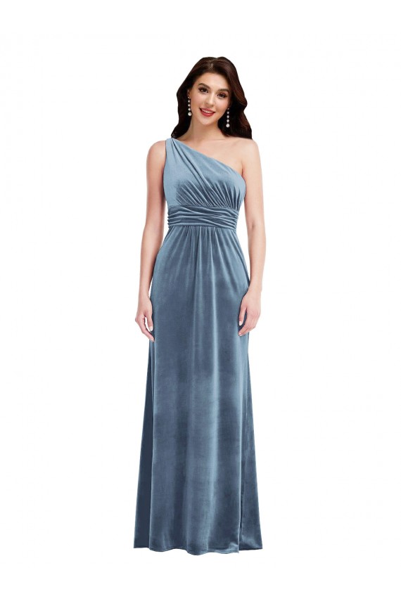 Achat Bleu poussiéreux Trapèze Épaule Dénudée Velours Stretch Longue Robes demoiselle d'honneur / Robes de bal