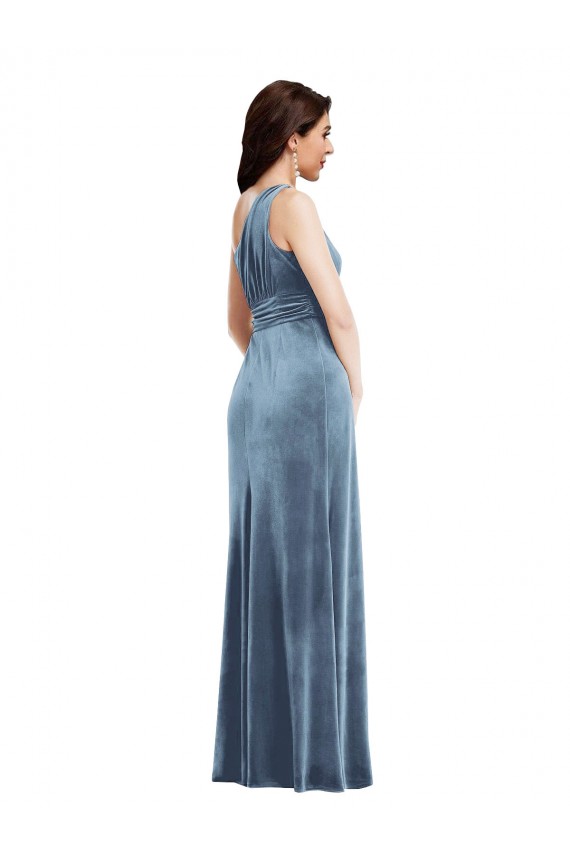 Achat Bleu poussiéreux Trapèze Épaule Dénudée Velours Stretch Longue Robes demoiselle d'honneur / Robes de bal