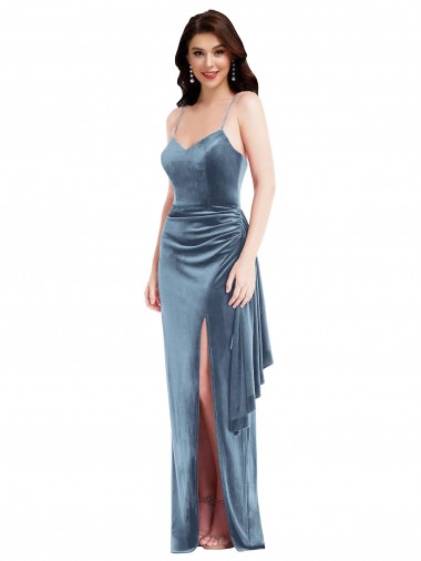 Achat Bleu poussiéreux Trompette Bretelles spaghetti Velours Stretch Longue Formelles Robes demoiselle d'honneur / Robes de soirée / Robes de bal