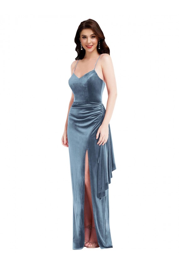 Achat Bleu poussiéreux Trompette Bretelles spaghetti Velours Stretch Longue Formelles Robes demoiselle d'honneur / Robes de soirée / Robes de bal