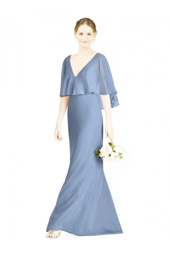 Achat Bleu poussiéreux Trompette Col V Mousseline Longue Robes demoiselle d'honneur