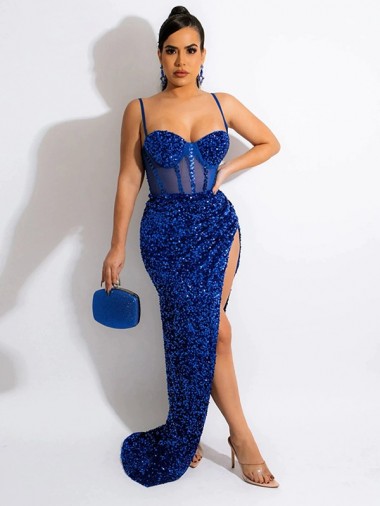 Achat Bleu roi Fourreau Bretelles spaghetti Balayage train Paillettes Velours Longue Robes de bal