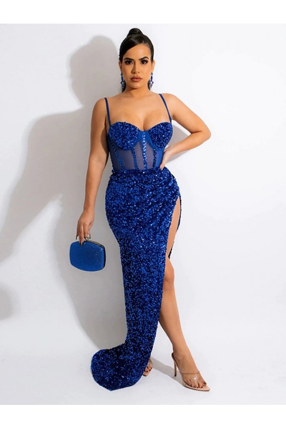 Achat Bleu roi Fourreau Bretelles spaghetti Balayage train Paillettes Velours Longue Robes de bal
