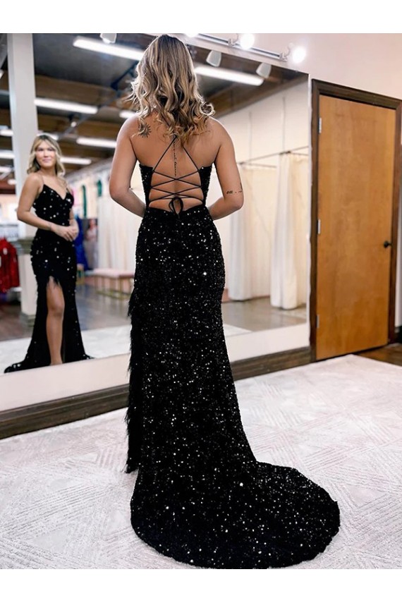 Achat Bleu roi Fourreau Col V Balayage train Paillettes Velours Longue Robes de bal