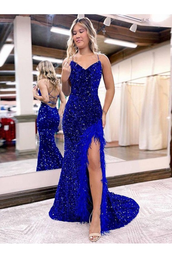 Achat Bleu roi Fourreau Col V Balayage train Paillettes Velours Longue Robes de bal