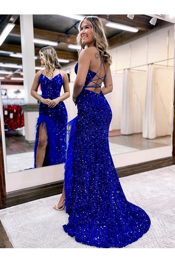 Achat Bleu roi Fourreau Col V Balayage train Paillettes Velours Longue Robes de bal
