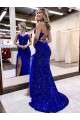 Achat Bleu roi Fourreau Col V Balayage train Paillettes Velours Longue Robes de bal
