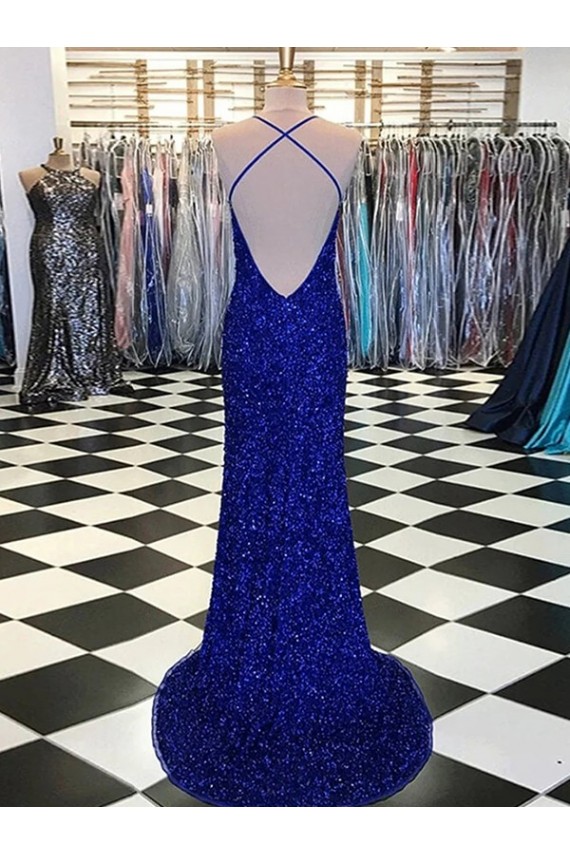 Achat Bleu roi Fourreau Col V Balayage train Paillettes Velours Longue Robes de bal