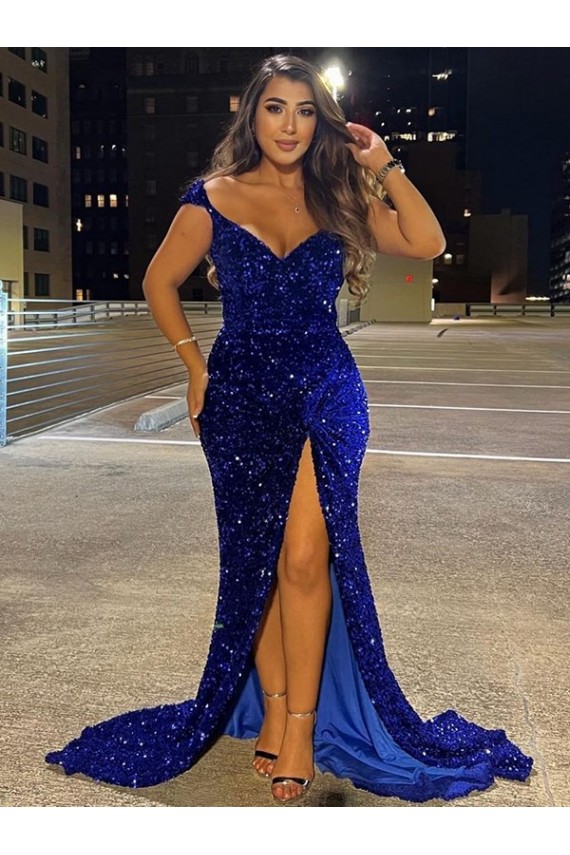 Achat Bleu roi Fourreau Col V Balayage train Paillettes Velours Longue Robes de bal