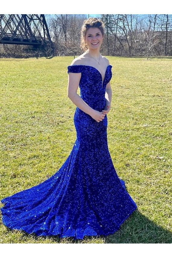 Achat Bleu roi Fourreau Épaule Dénudée Balayage train Paillettes Velours Longue Robes de bal