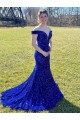 Achat Bleu roi Fourreau Épaule Dénudée Balayage train Paillettes Velours Longue Robes de bal