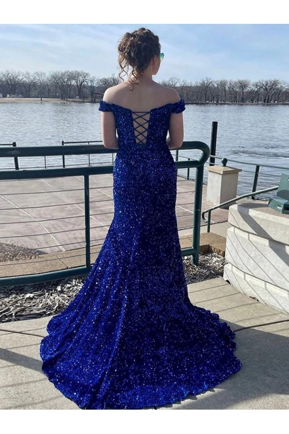 Achat Bleu roi Fourreau Épaule Dénudée Balayage train Paillettes Velours Longue Robes de bal