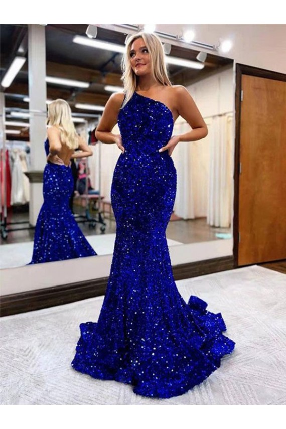 Achat Bleu roi Sirène Balayage train Paillettes Velours Longue Robes de bal