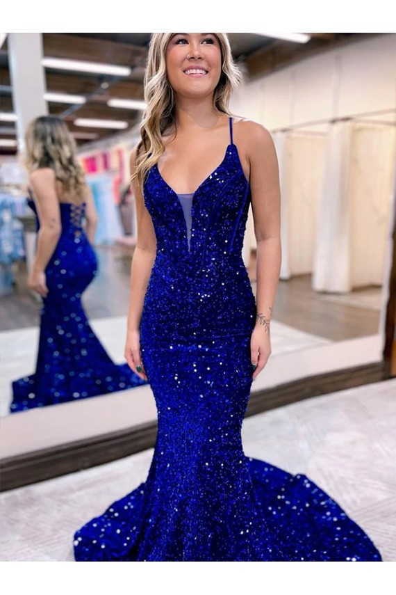 Achat Bleu roi Sirène Col V Traîne moyenne Paillettes Velours Longue Robes de bal