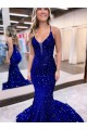 Achat Bleu roi Sirène Col V Traîne moyenne Paillettes Velours Longue Robes de bal