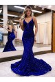 Achat Bleu roi Sirène Col V Traîne moyenne Paillettes Velours Longue Robes de bal