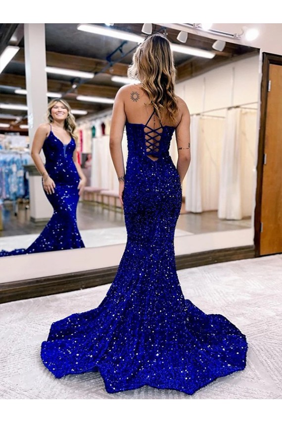 Achat Bleu roi Sirène Col V Traîne moyenne Paillettes Velours Longue Robes de bal
