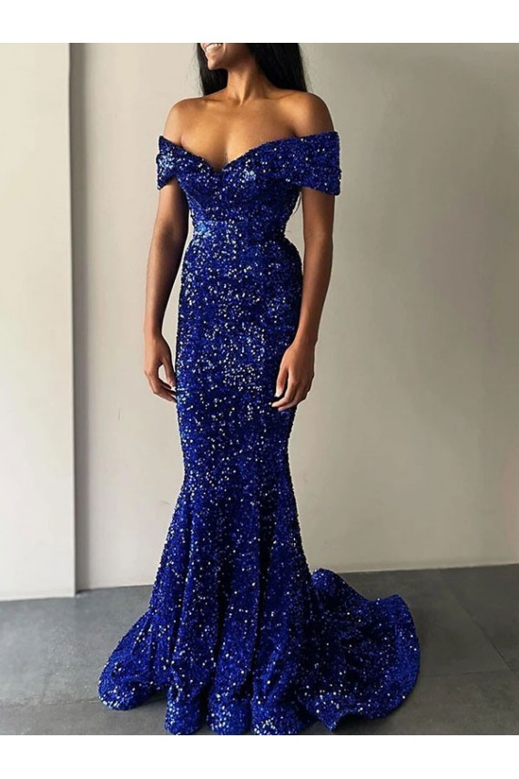 Achat Bleu roi Sirène Épaule Dénudée Balayage train Paillettes Velours Longue Robes de bal