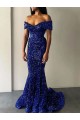 Achat Bleu roi Sirène Épaule Dénudée Balayage train Paillettes Velours Longue Robes de bal