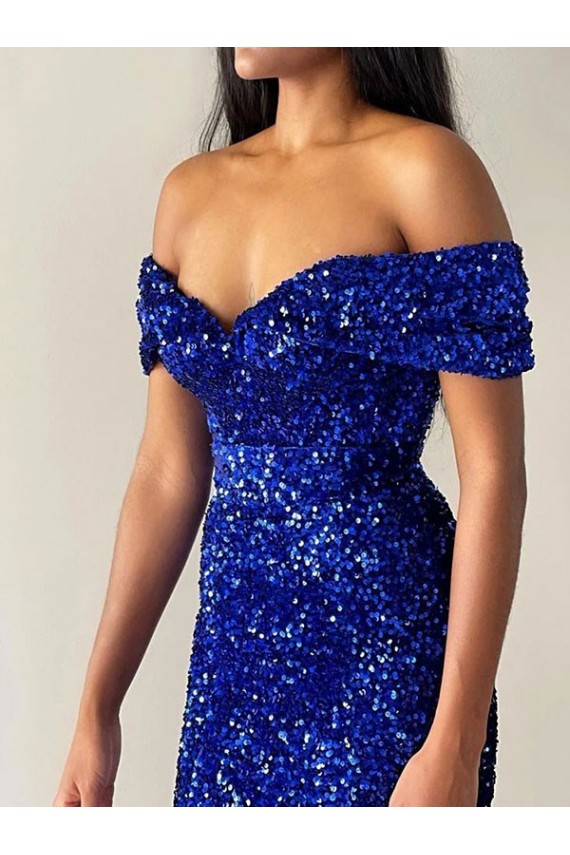 Achat Bleu roi Sirène Épaule Dénudée Balayage train Paillettes Velours Longue Robes de bal
