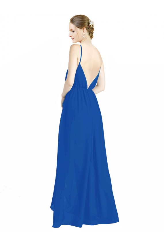 Achat Bleu roi Trapèze Bretelles spaghetti Col V Mousseline Longue Robes demoiselle d'honneur