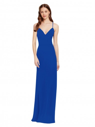 Achat Bleu roi Trapèze Bretelles spaghetti Col V Mousseline Longue Robes demoiselle d'honneur