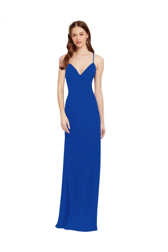 Achat Bleu roi Trapèze Bretelles spaghetti Col V Mousseline Longue Robes demoiselle d'honneur