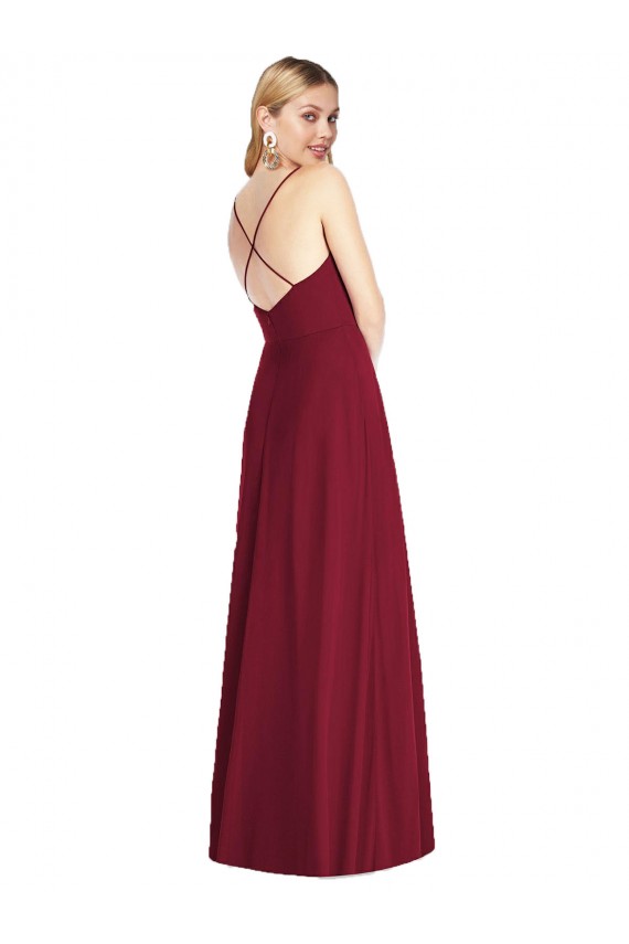 Achat Bleu roi Trapèze Bretelles spaghetti Col V Mousseline Longue Robes demoiselle d'honneur