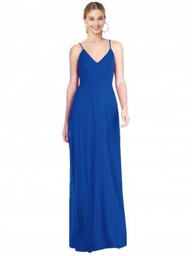 Achat Bleu roi Trapèze Bretelles spaghetti Col V Mousseline Longue Robes demoiselle d'honneur