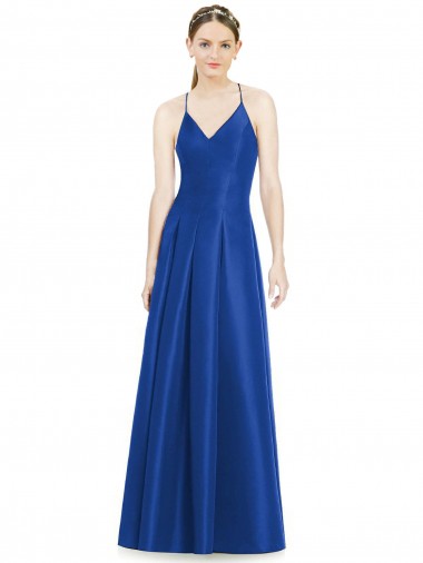 Achat Bleu roi Trapèze Bretelles spaghetti Col V Satiné Longue Robes demoiselle d'honneur