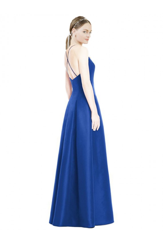 Achat Bleu roi Trapèze Bretelles spaghetti Col V Satiné Longue Robes demoiselle d'honneur