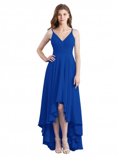 Achat Bleu roi Trapèze Bretelles spaghetti Mousseline Longue Asymétrique Robes demoiselle d'honneur