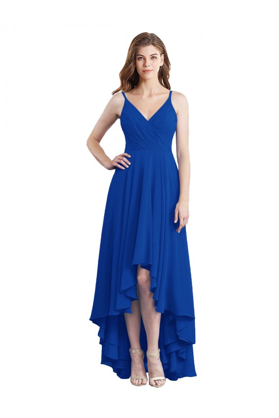 Achat Bleu roi Trapèze Bretelles spaghetti Mousseline Longue Asymétrique Robes demoiselle d'honneur