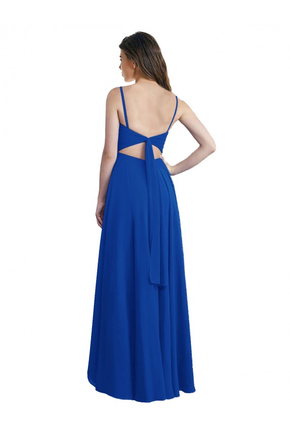 Achat Bleu roi Trapèze Bretelles spaghetti Mousseline Longue Asymétrique Robes demoiselle d'honneur