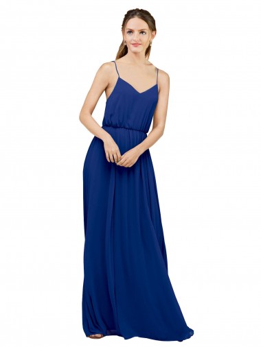 Achat Bleu roi Trapèze Bretelles spaghetti Mousseline Longue Robes demoiselle d'honneur