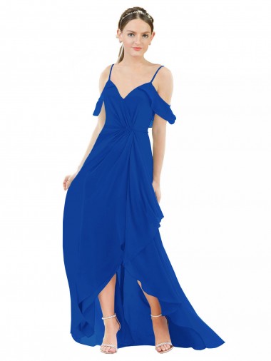Achat Bleu roi Trapèze Col V Mousseline Longue Asymétrique Robes demoiselle d'honneur