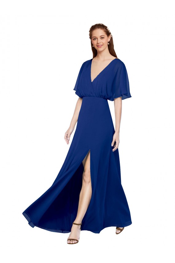 Achat Bleu roi Trapèze Col V Mousseline Longue Robes demoiselle d'honneur