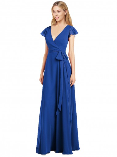 Achat Bleu roi Trapèze Col V Mousseline Longue Robes demoiselle d'honneur