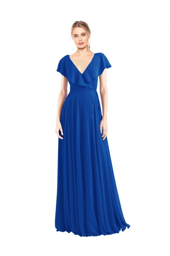 Achat Bleu roi Trapèze Col V Mousseline Longue Robes demoiselle d'honneur