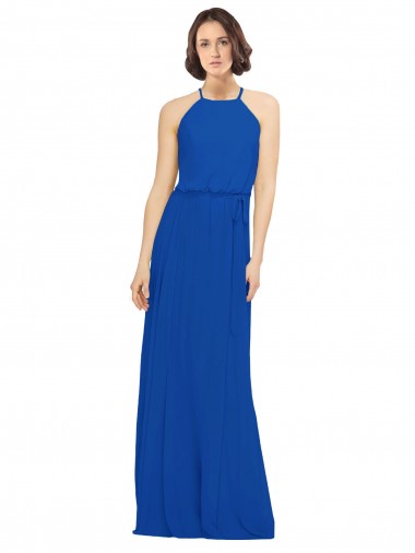 Achat Bleu roi Trapèze Col bijou Mousseline Longue Robes demoiselle d'honneur