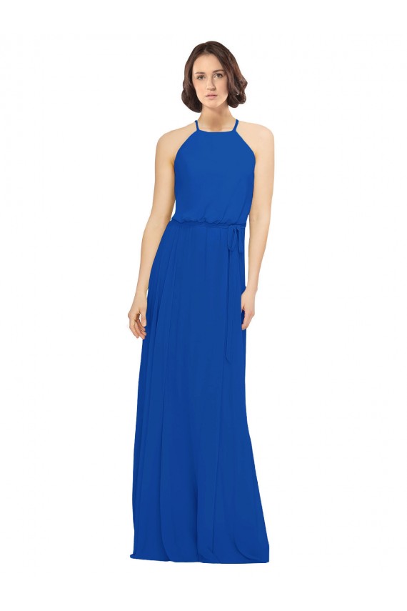 Achat Bleu roi Trapèze Col bijou Mousseline Longue Robes demoiselle d'honneur