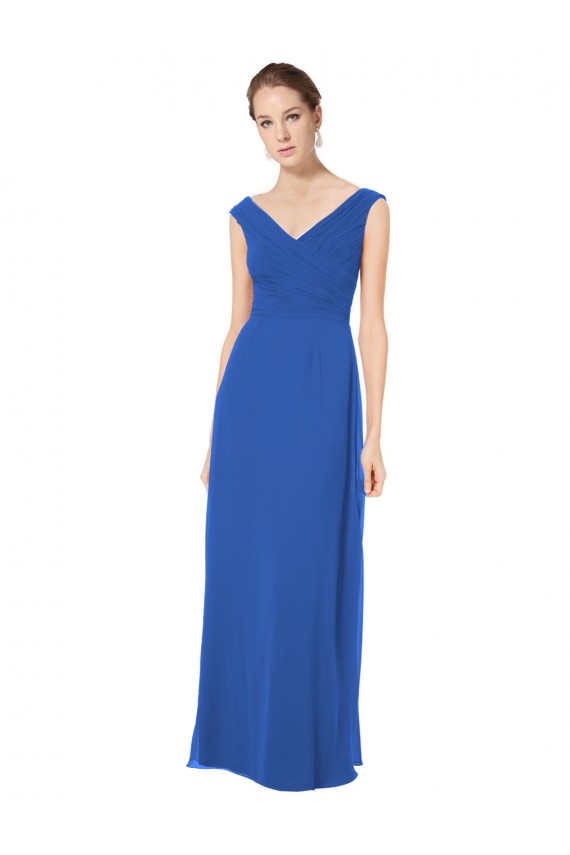 Achat Bleu roi Trapèze Épaule Dénudée Col V Mousseline Longue Robes demoiselle d'honneur