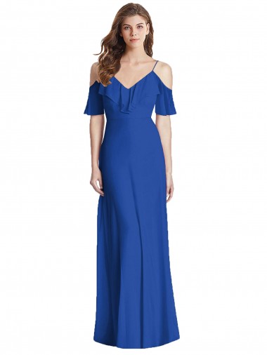 Achat Bleu roi Trompette Bretelles spaghetti Col V Mousseline Longue Robes demoiselle d'honneur