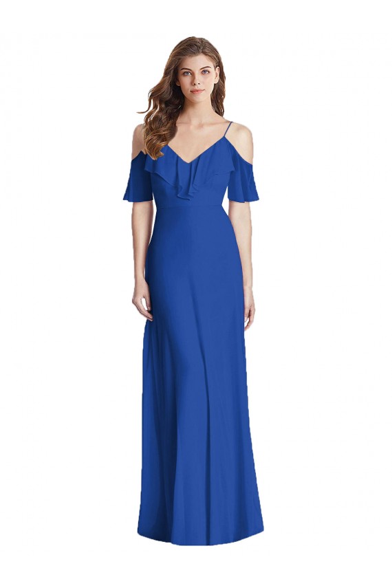 Achat Bleu roi Trompette Bretelles spaghetti Col V Mousseline Longue Robes demoiselle d'honneur