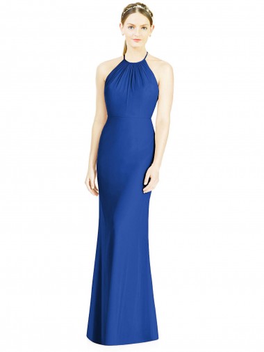 Achat Bleu roi Trompette Licou Col Haut Mousseline Longue Robes demoiselle d'honneur