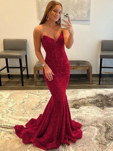 Achat Bordeaux Fourreau Balayage train Paillettes Velours Longue Robes de bal