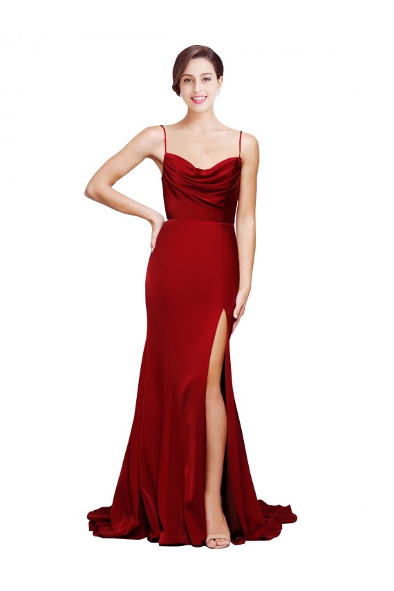 Achat Bordeaux Fourreau Bretelles spaghetti Balayage train Satiné Stretch Longue Formelles Robes demoiselle d'honneur / Robes de soirée / Robes de bal