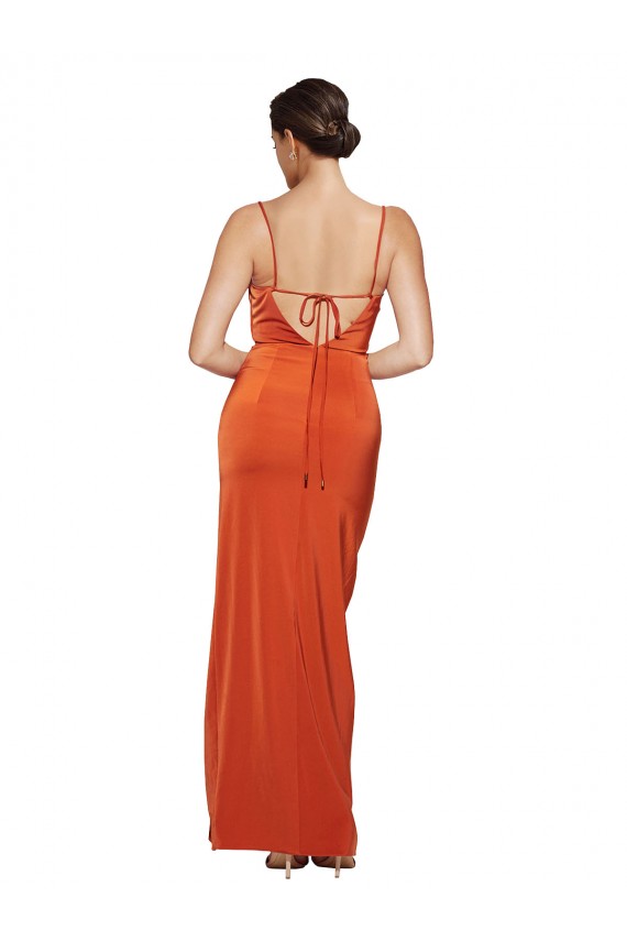 Achat Rust Fourreau Bretelles spaghetti Balayage train Satiné Stretch Longue Formelles Robes demoiselle d'honneur / Robes de soirée / Robes de bal