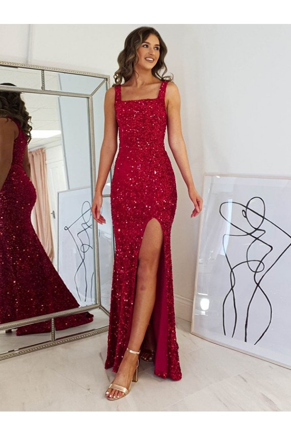 Achat Bordeaux Fourreau Col Carré Paillettes Velours Longue Robes de bal